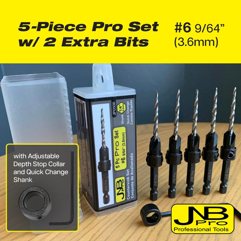 JNB Pro Wood Countersink Drill Bit Set 5pc #6 (9/64"") 4 Flute M2 HSS Drill Bits1/4 Hex Quick Change  Stop Collar Set Brocas para Madera Counter Sink Drill Bit for Wood Working with 2 Free Tapered Bits - Image 4